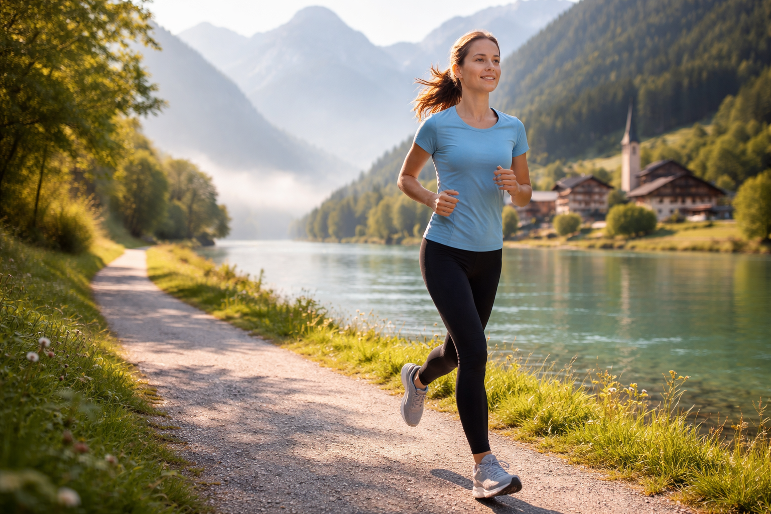 Läuferin auf einem Flussuferweg in Österreich beim morgendlichen Joggen