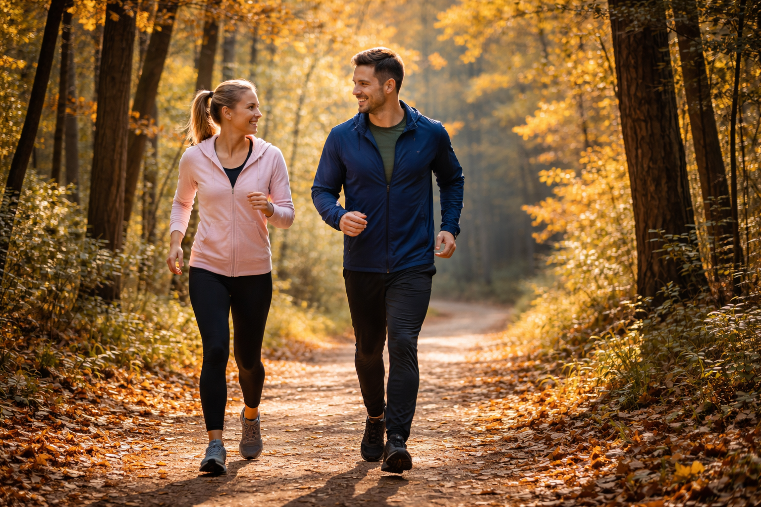 Zwei Personen gehen gemeinsam flott auf einem Waldweg